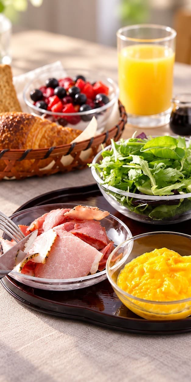 Western breakfast with bread, yogurt, orange juice, salad, ham and scrambled eggs at Homm Stay Nagi Sanjo Kyoto